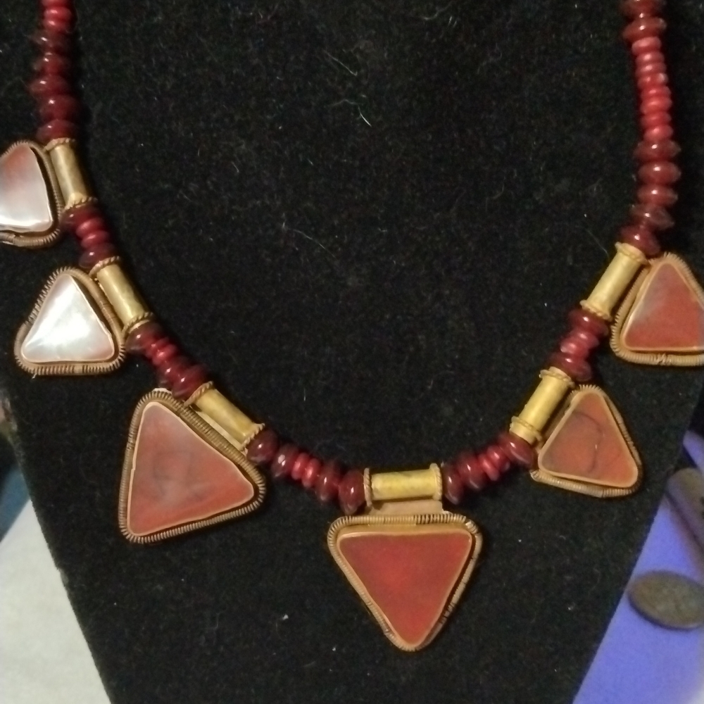 Tribal Afghan necklace 16" handmade vintage red (sku 513)